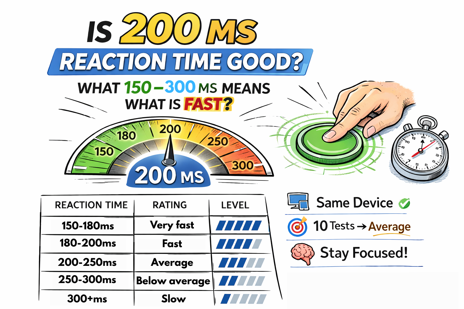 Is 200 ms reaction time good? Chart showing 150–300 ms reaction time ranges from fast to slow
