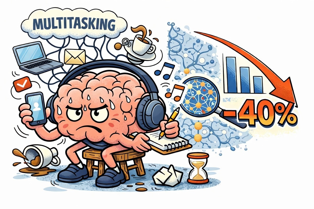 multitasking brain cognitive overload reaction time attention illustration